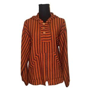 Vintage Woven Cotton Baja Hoodie‎ Orange Striped Boho Pullover Wooden Buttons L